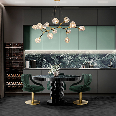 CAYO DINING CHAIR, SHINTO ROUND DINING TABLE, HORUS IRREGULAR SUSPENSION LIGHT